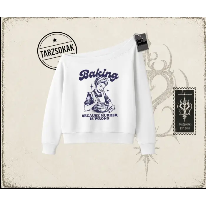 Unisex Baking Kadın Kayık Yaka Sweatshirt Beyaz