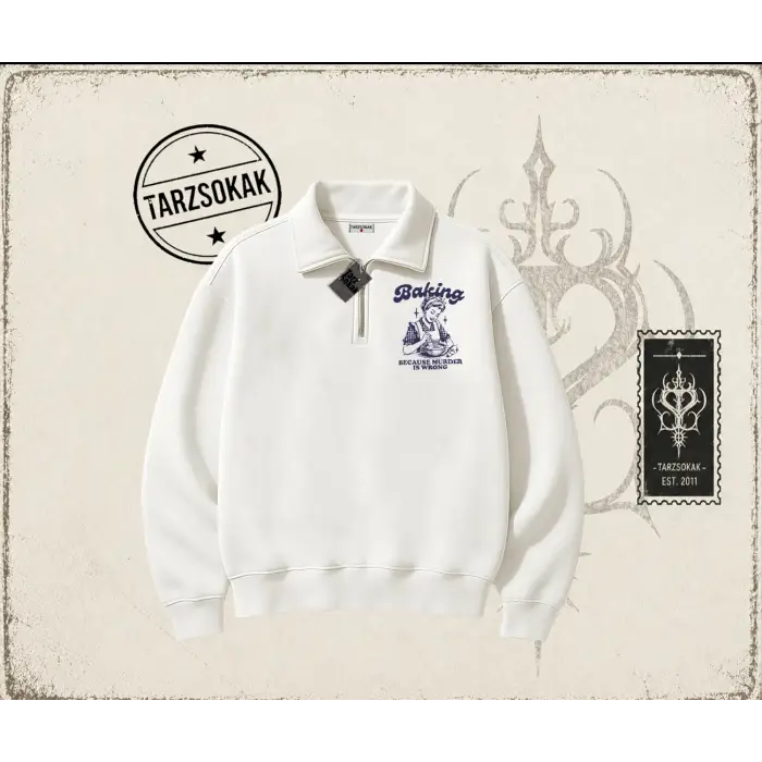 Unisex Baking Unisex Polo Yaka Yarım Fermuarlı Sweatshirt Beyaz