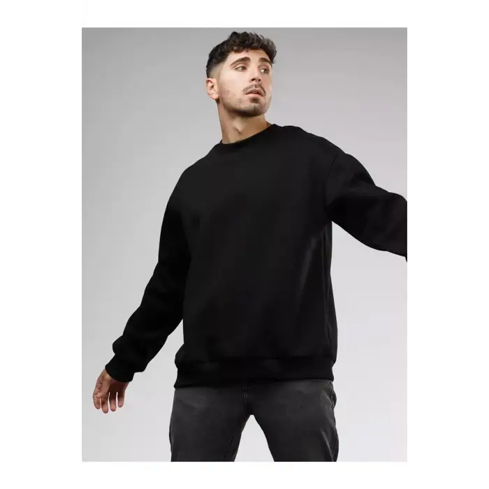 Unisex Basic Bisiklet Yaka Sweatshirt Siyah