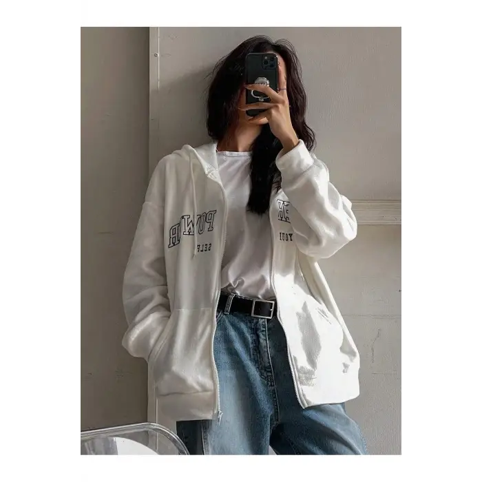 Ünisex Basic Slim Fit Kapüşonlu Fermuarlı Cepli Sweatshirt Bej Bej