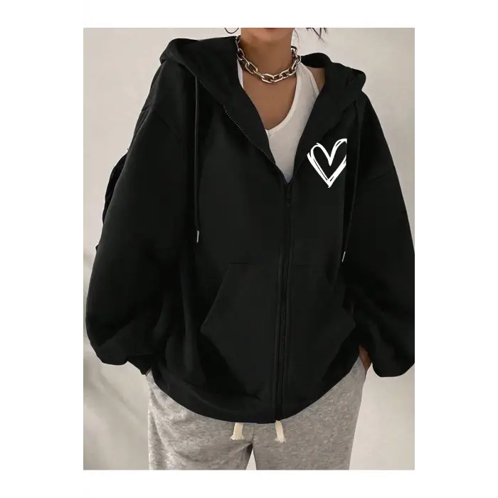Ünisex Basic Slim Fit Kapüşonlu Fermuarlı Cepli Sweatshirt Nar Çiçeği Siyah
