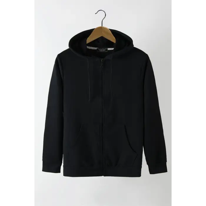 Ünisex Basic Slim Fit Kapüşonlu Fermuarlı Cepli Sweatshirt Siyah