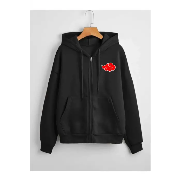 Unisex Baskılı Kapüşonlu Fermuarlı Sweatshirt Siyah