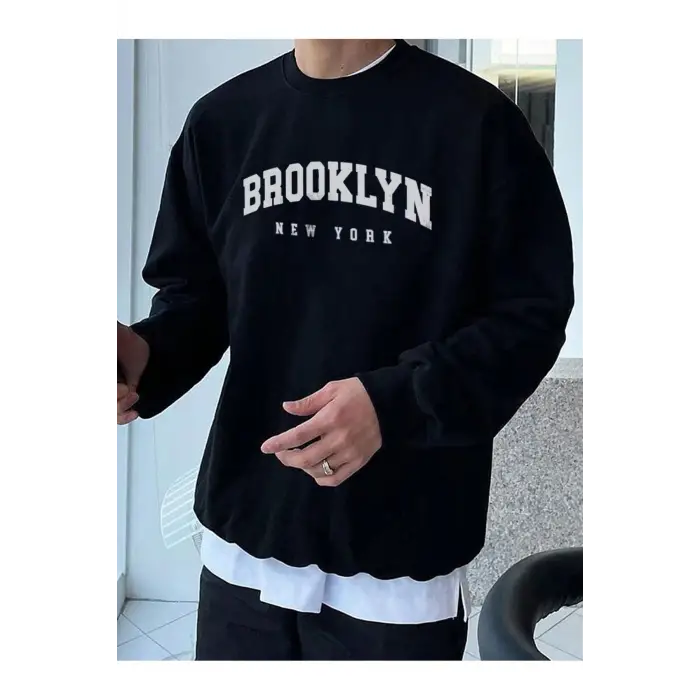 Unisex Baskılı Oversize Kapşonlu Sweatshirt Siyah