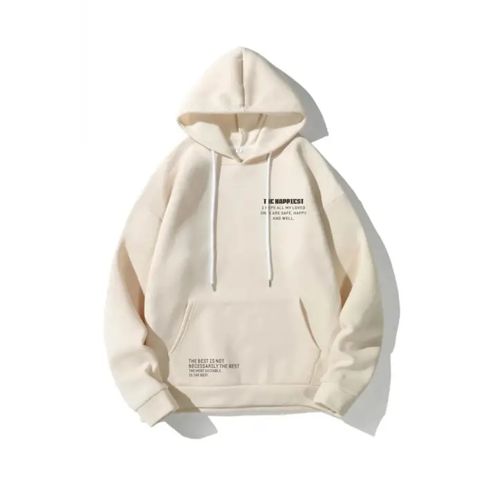 Unisex Bej Happiest Baskılı Oversize Kapşonlu Sweatshirt Bej