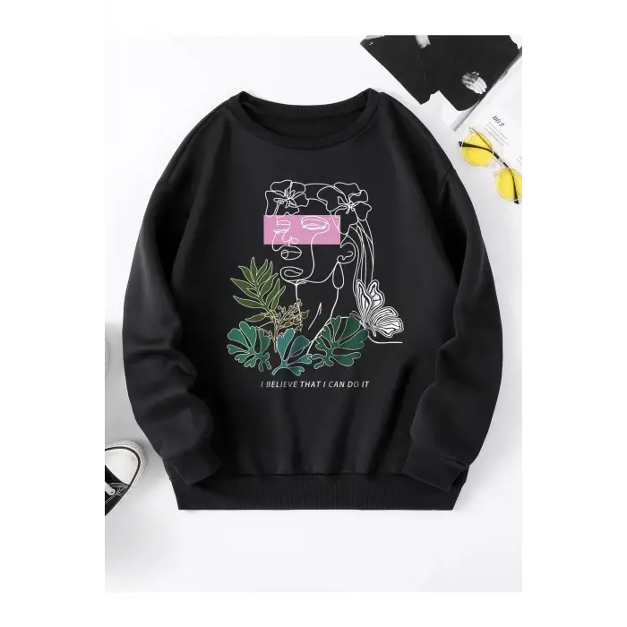 Unisex Belief Baskılı Oversize Bisiklet Yaka Sweatshirt Siyah