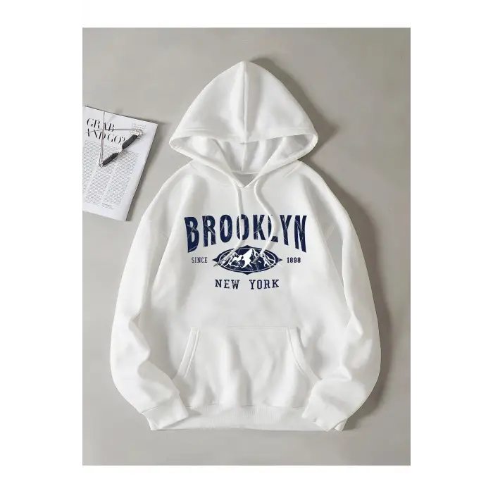 Unisex Beyaz Brooklyn Baskılı Kapüşonlu Sweatshirt