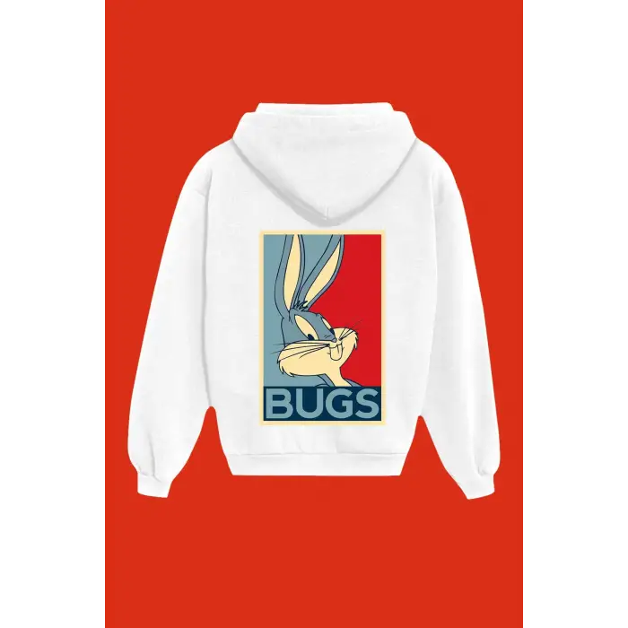 Unisex Beyaz Bugs Bunny Sırt Baskılı Sweatshirt