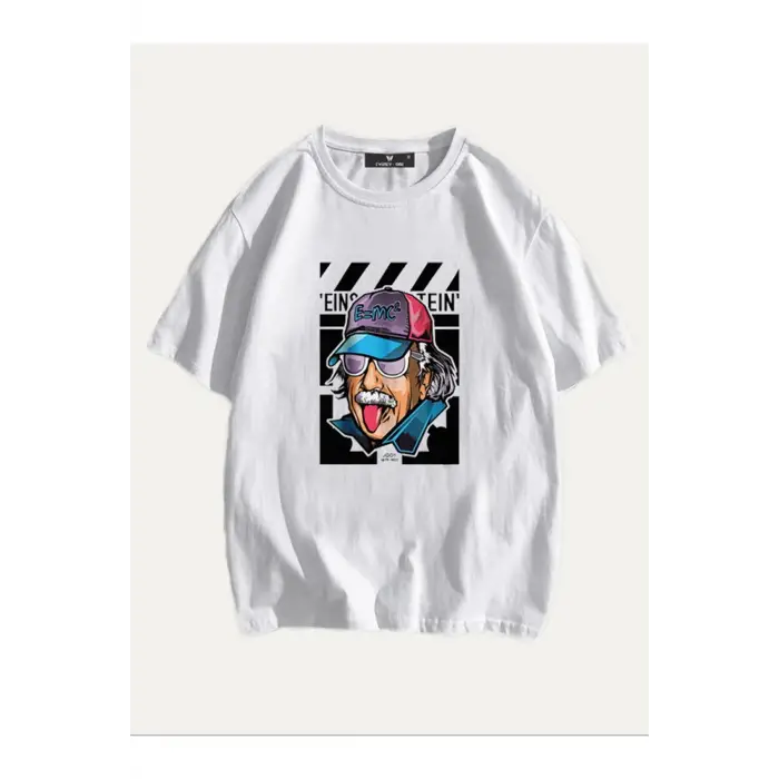 Unisex Beyaz Einstein Baskılı Oversize Tişört