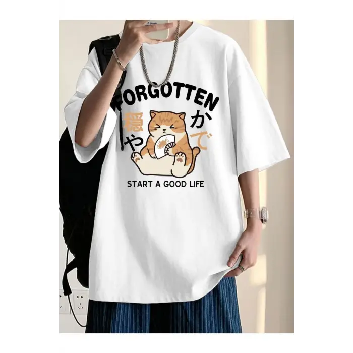 Unisex Beyaz Forgotten Oversize Bisiklet Yakak Tshirt