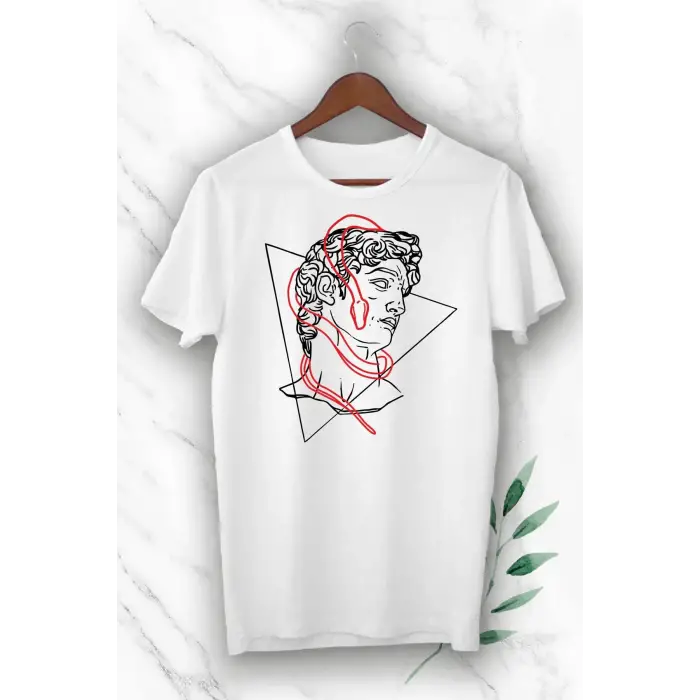 Unisex Beyaz Heykel Baskılı Tişört