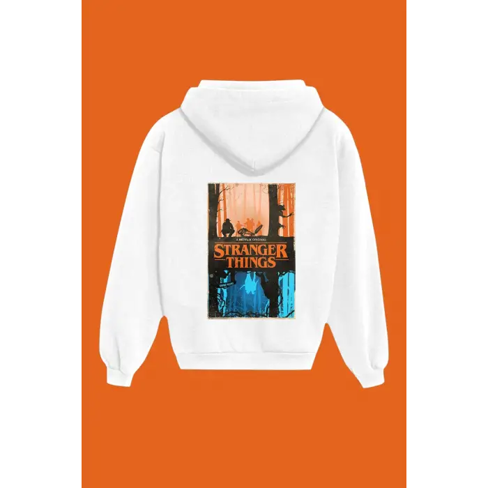 Unisex Beyaz Stranger Things Baskılı Sweatshirt