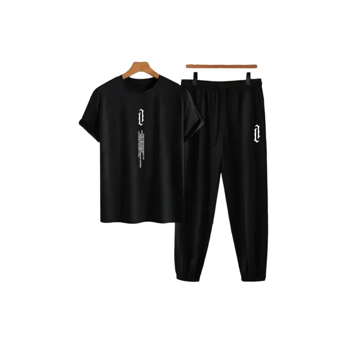 Unisex Bisiklet Yaka Slogan Baskılı Siyah Tişört Ve Siyah Eşofman Altı 2li Set A