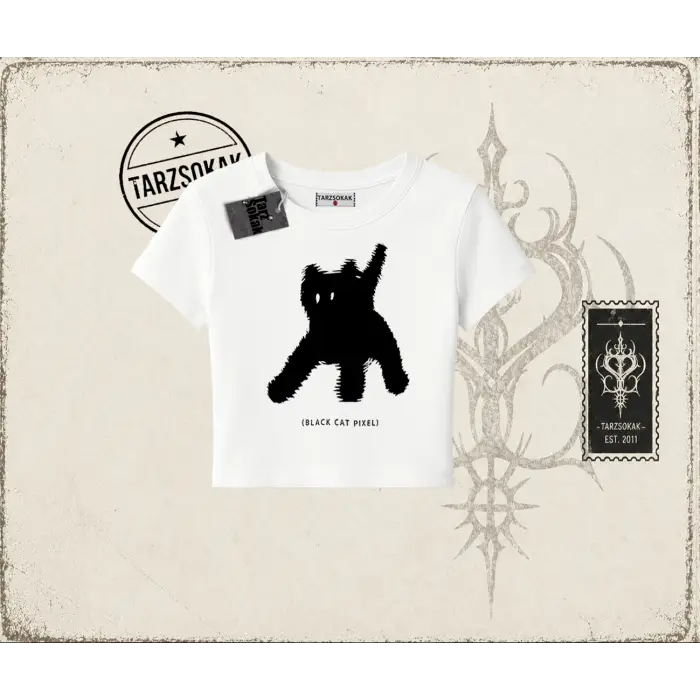 Unisex Black Cat Pixel Kadın Baby Tee Beyaz