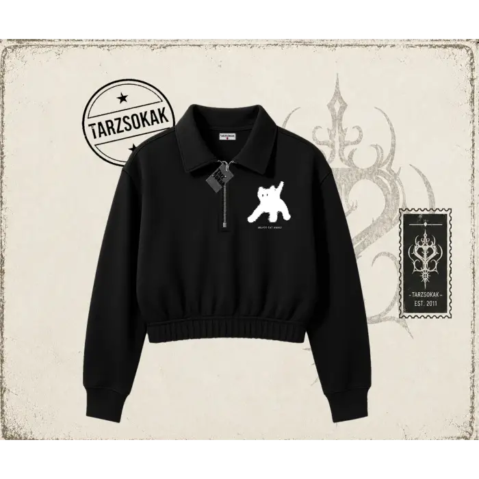 Unisex Black Cat Pixel Kadın Crop Polo Yaka Yarım Fermuarlı Sweatshirt Beyaz