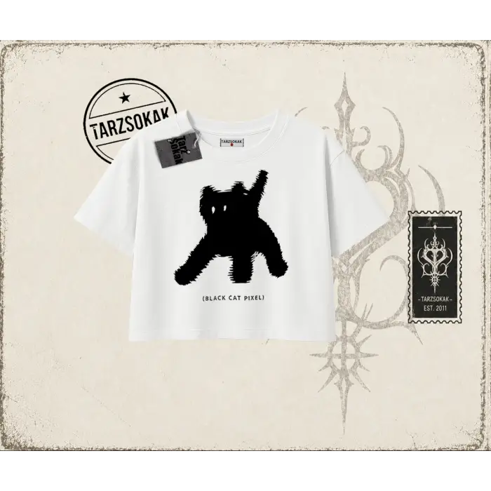 Unisex Black Cat Pixel Kadın Crop Tişört Beyaz