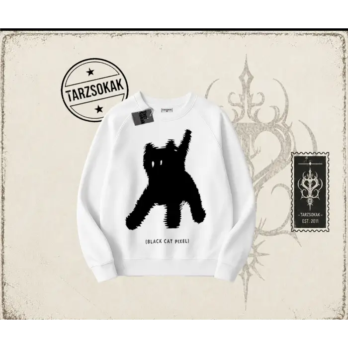 Unisex Black Cat Pixel Oversize Unisex Bisiklet Yaka Sweatshirt Beyaz