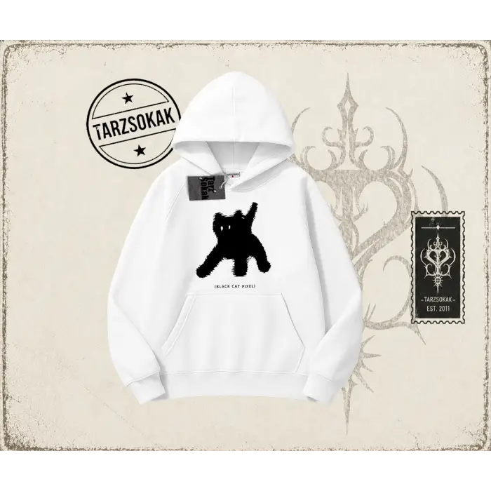 Unisex Black Cat Pixel Oversize Unisex Kapşonlu Sweatshirt Beyaz