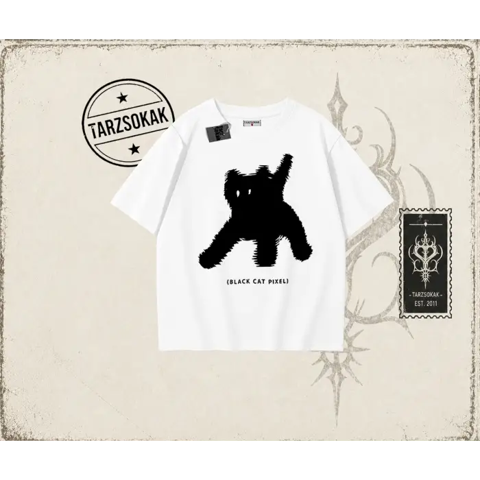 Unisex Black Cat Pixel Oversize Unisex Tişört Beyaz