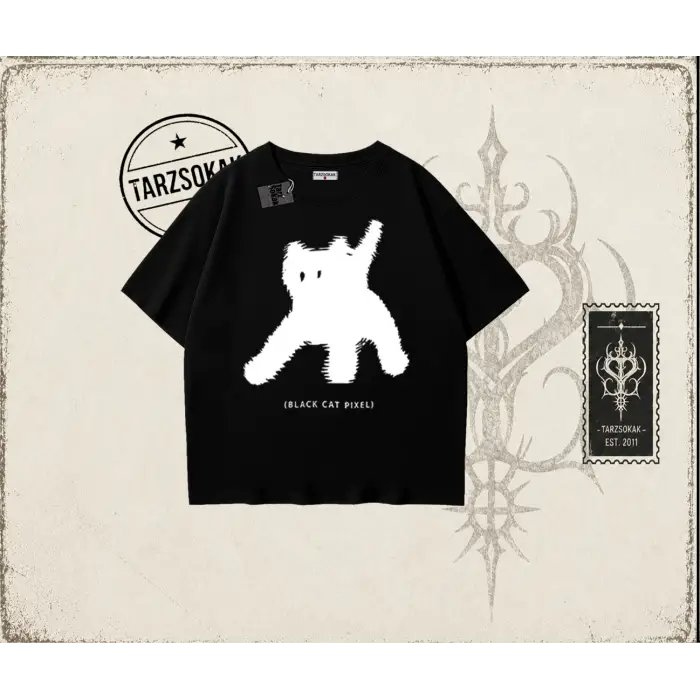 Unisex Black Cat Pixel Oversize Unisex Tişört Beyaz