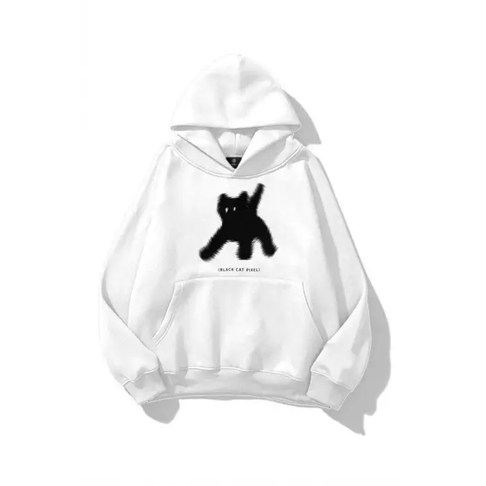 Unisex Black Cat Pixel Sweatshirt Beyaz