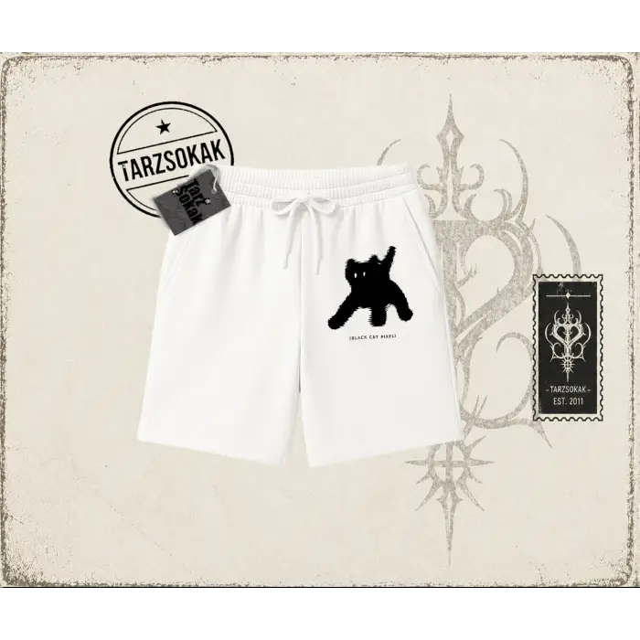 Unisex Black Cat Pixel Unisex Şort Beyaz