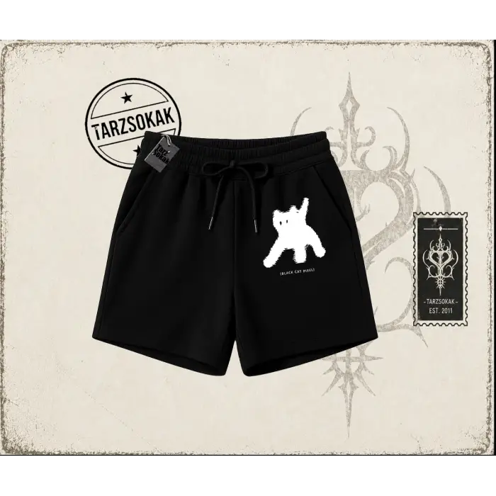 Unisex Black Cat Pixel Unisex Şort Beyaz
