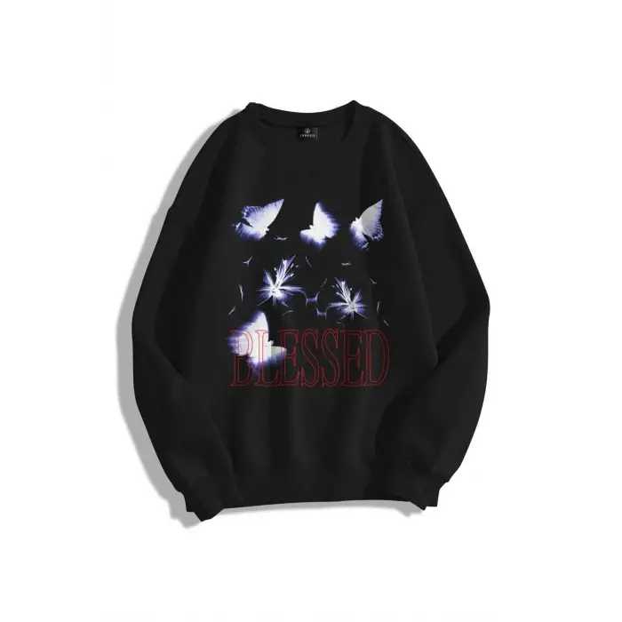 Unisex Blessed Bisiklet Yaka Sweatshirt Siyah