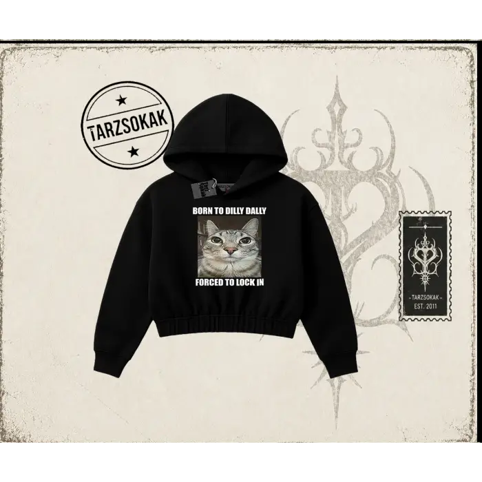 Unisex Born to Dilly Dally Kadın Crop Kapşonlu Sweatshirt Beyaz
