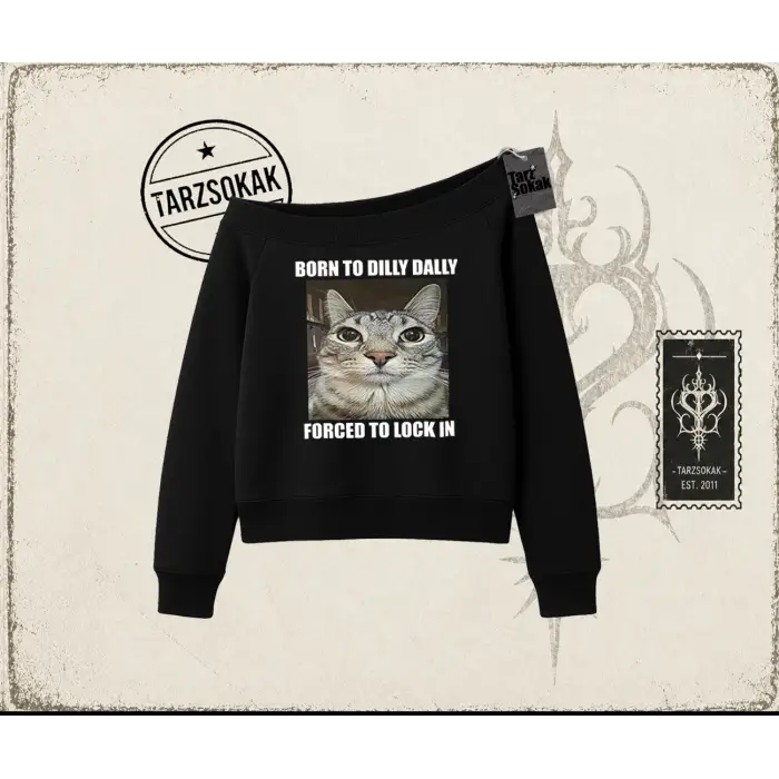 Unisex Born to Dilly Dally Kadın Kayık Yaka Sweatshirt Beyaz
