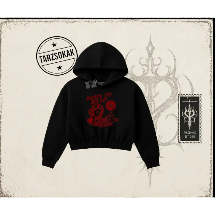 Unisex Born to Read Kadın Crop Kapşonlu Sweatshirt Beyaz