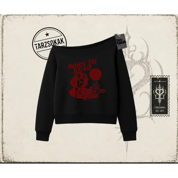 Unisex Born to Read Kadın Kayık Yaka Sweatshirt Beyaz