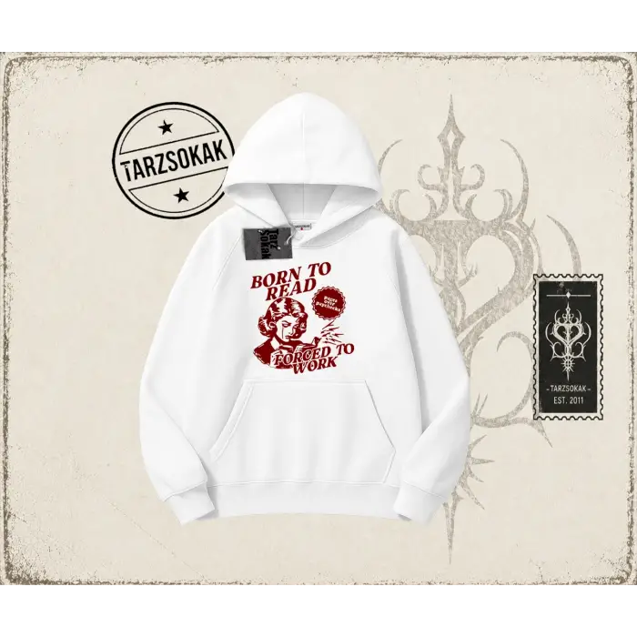 Unisex Born to Read Oversize Unisex Kapşonlu Sweatshirt Beyaz