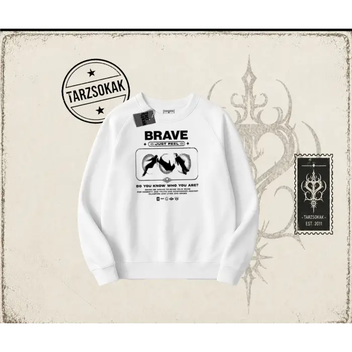 Unisex Brave Oversize Unisex Bisiklet Yaka Sweatshirt Beyaz