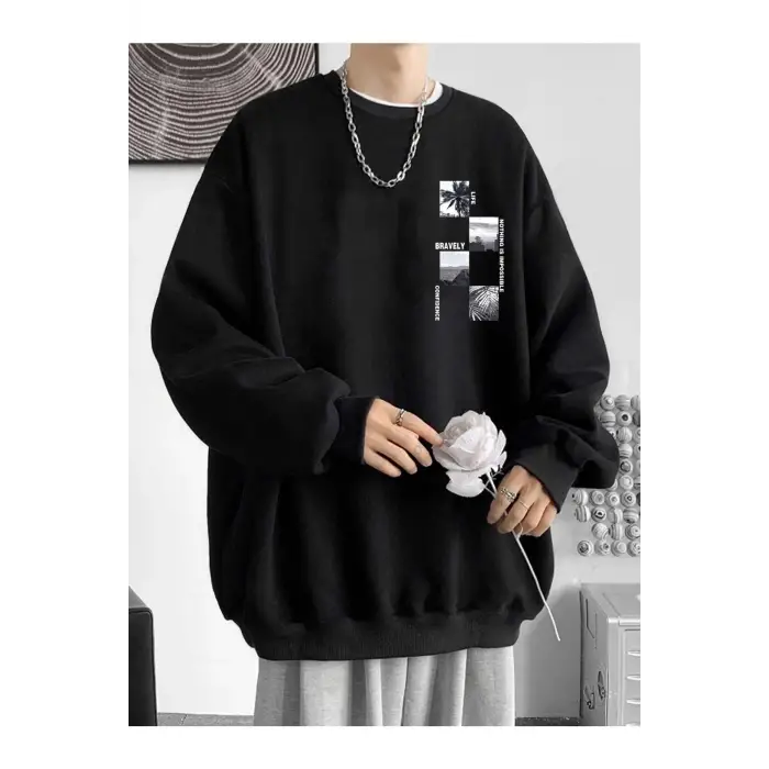 Unisex Bravely Baskılı Oversize Bisiklet Yaka Sweatshirt Siyah