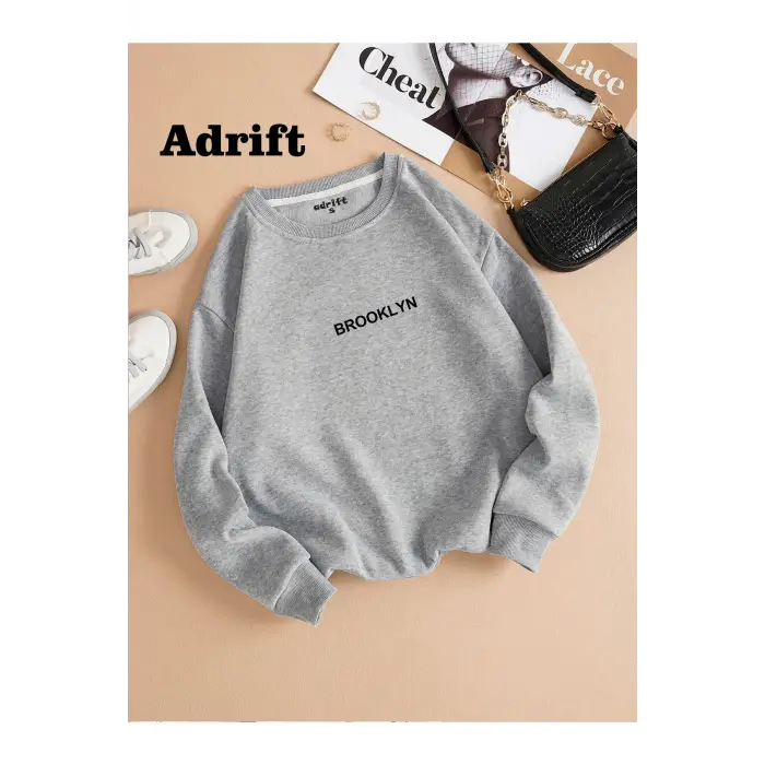 Unisex Brooklyn Baskılı Bisiklet Yaka Sweatshirt Gri