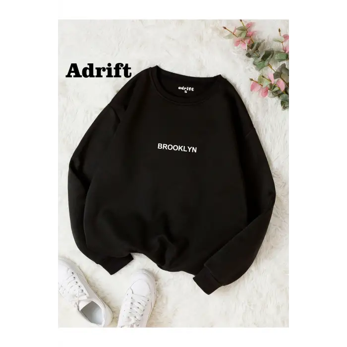 Unisex Brooklyn Baskılı Bisiklet Yaka Sweatshirt Siyah