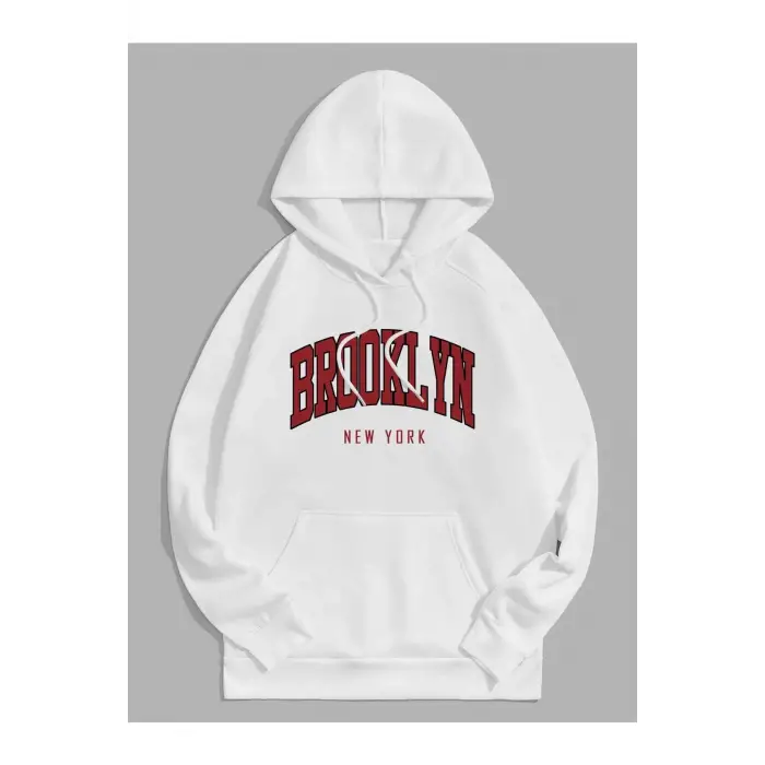 Unisex Brooklyn Baskılı Kapüşonlu Sweatshirt Beyaz