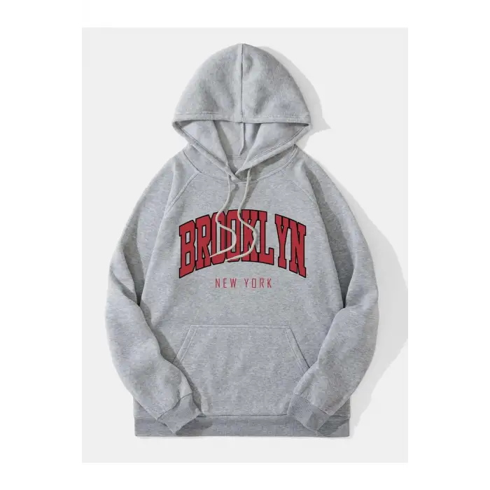 Unisex Brooklyn Baskılı Kapüşonlu Sweatshirt Gri