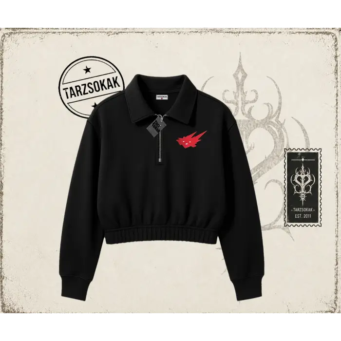 Unisex Cacti Travis Scott Kadın Crop Polo Yaka Yarım Fermuarlı Sweatshirt Beyaz