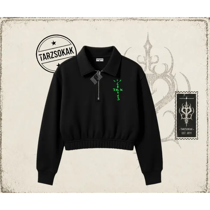 Unisex Cactus Jack Air Kadın Crop Polo Yaka Yarım Fermuarlı Sweatshirt Beyaz