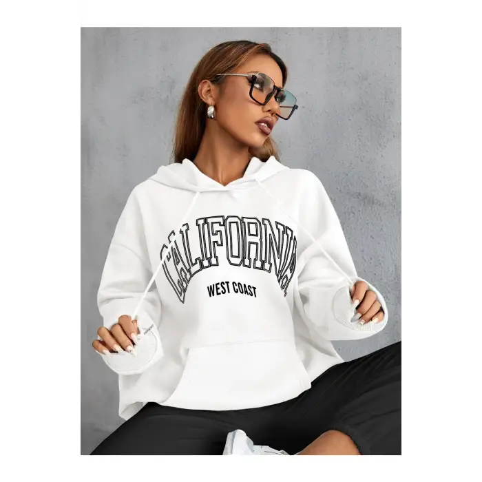 Unisex Calıfornia Baskılı Kapüşonlu Sweatshirt Beyaz