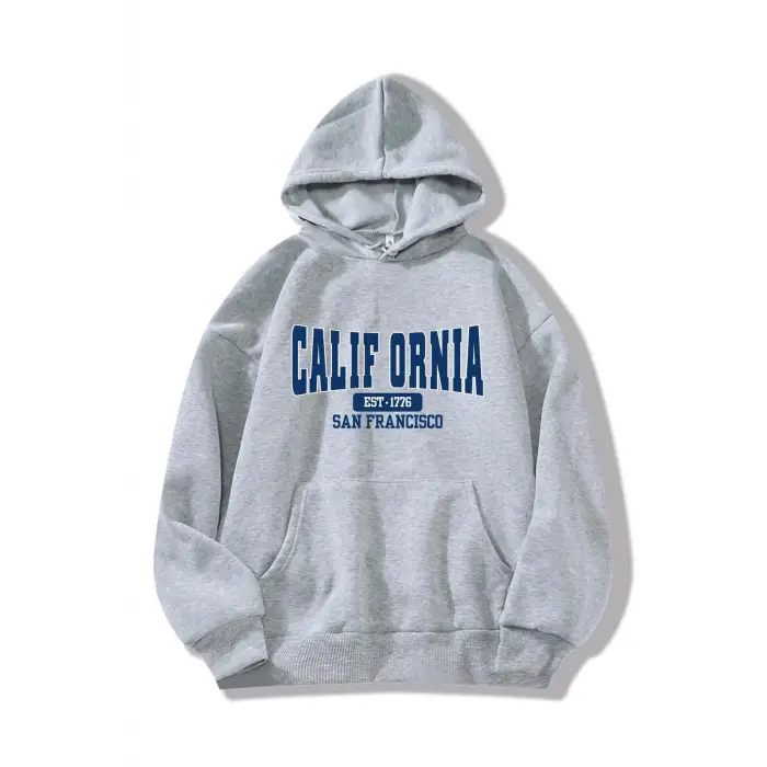 Unisex Calıfornıa Baskılı Oversize Kapüşonlu Sweatshirt Gri