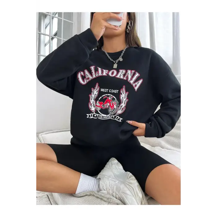 Unisex Calıfornıa Baskılı Oversize Kapüşonlu Sweatshirt Siyah