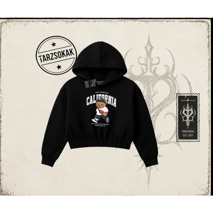 Unisex California Bear Kadın Crop Kapşonlu Sweatshirt Beyaz