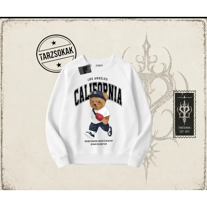 Unisex California Bear Oversize Unisex Bisiklet Yaka Sweatshirt Beyaz