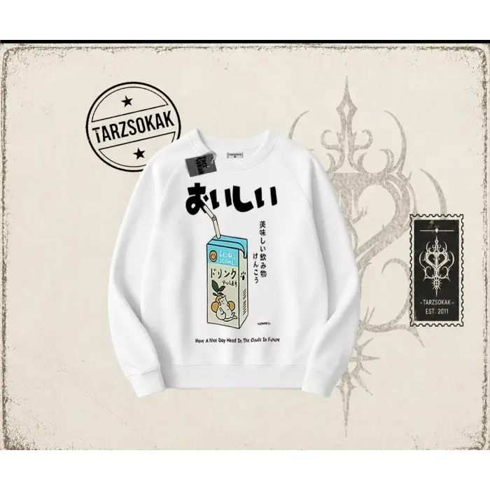 Unisex Cat Lemon Juice Oversize Unisex Bisiklet Yaka Sweatshirt Beyaz