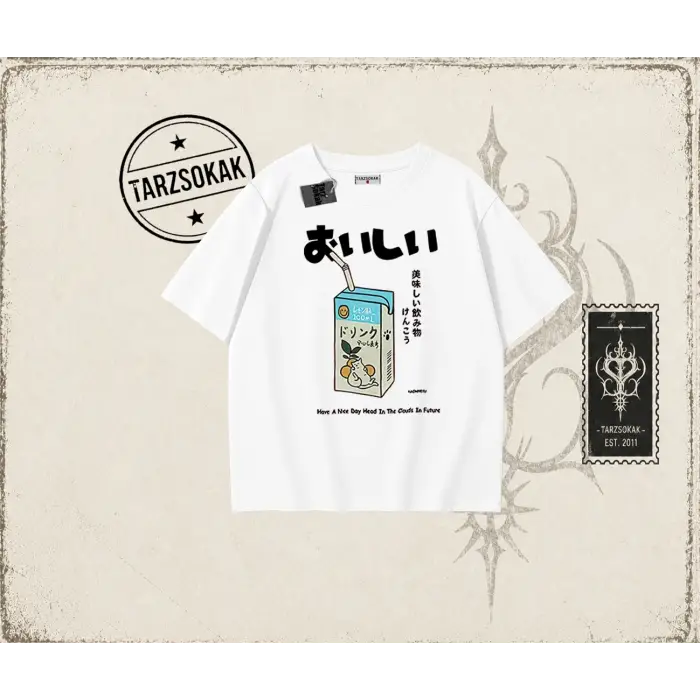 Unisex Cat Lemon Juice Oversize Unisex Tişört Beyaz