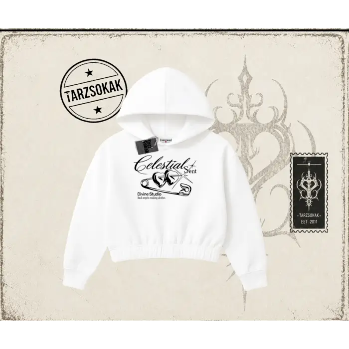Unisex Celestial Sent Kadın Crop Kapşonlu Sweatshirt Beyaz