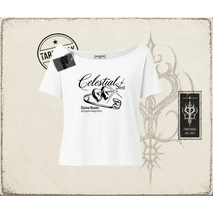 Unisex Celestial Sent Kadın Kayık Yaka Tişört Beyaz